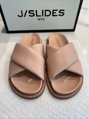 J/Slides NYC Women’s Roland Criss Cross Dusty Pink Leather Slide Sandal Size 5.5